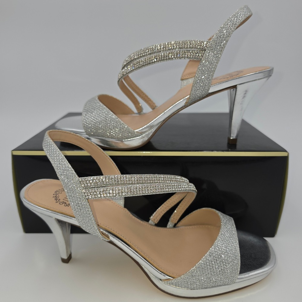 I. Miller Womens Silver Glitter Rhinestone Slingback Kitten Heel Sandals 7M